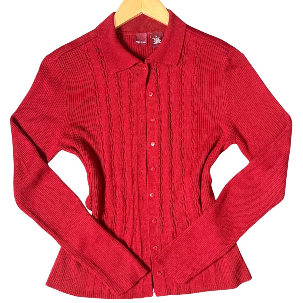 Red Button Down Fitted Cardigan